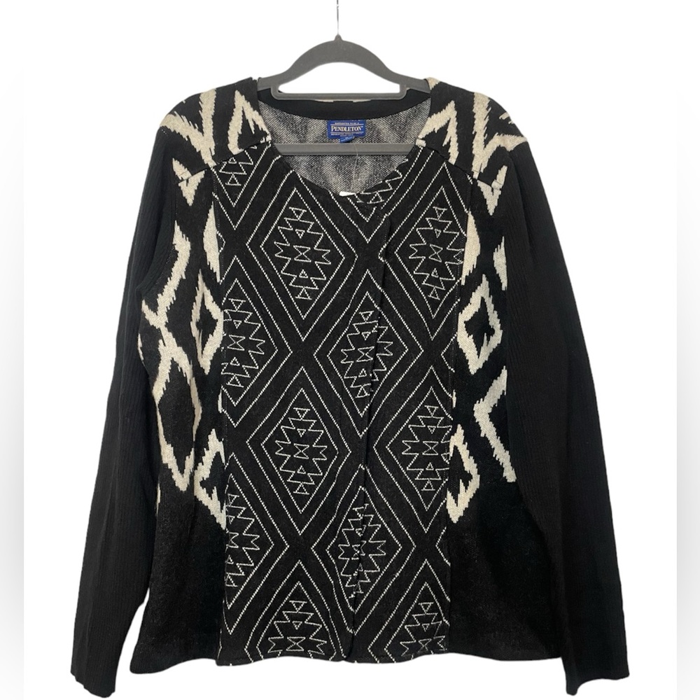 NWT Pendleton Women’s Black Aztec Print Lamb’s Wool Zip Front Sweater - Size XL